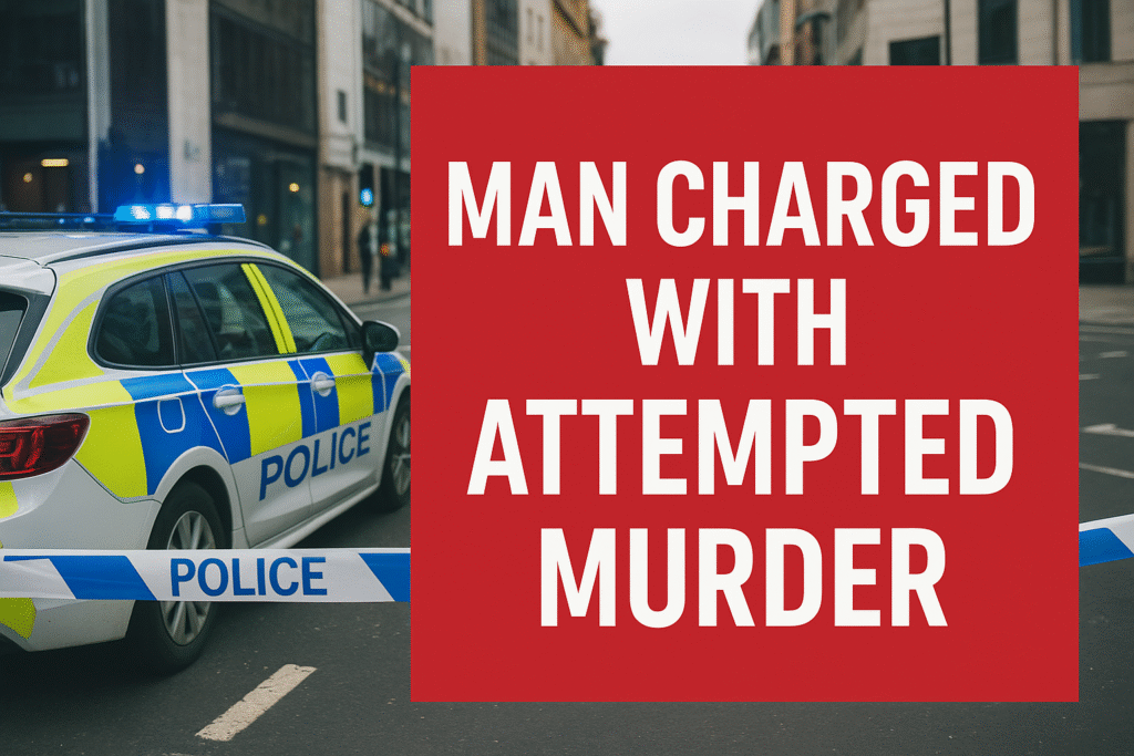 British police car at Birmingham crime scene with headline 'Man charged with attempted murder' in bold red banner.